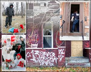 Gangs have left a mark on Toledo, from graffiti scrawled on houses, to people such as Mitchell Moore, top left, who lost a son to a shooting, and  the Lawrence Blood Villains, bottom left, who recently remembered a fallen member. Meanwhile, city police confront a growing problem.