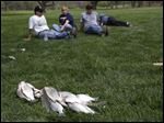 Participants relax in the grass as fish are laid out for measurement.