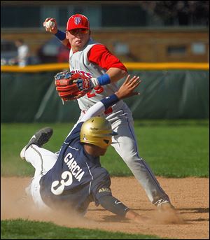 St. John's Devin Garcia is forced out at second as St. Francis shortstop Eric Zmuda throws to first.