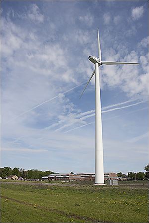 The new wind turbine at the Pettisville school district complex was dedicated Wednesday.