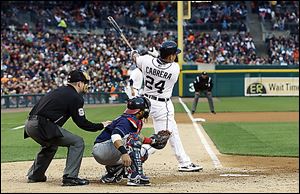 The Tigers' Miguel Cabrera (24) connects for a three-run home run off Indians starting pitcher Corey Kluber during the fourth inning.