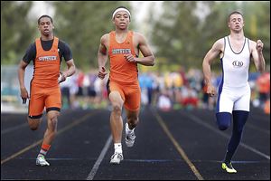 Southview junior Malcolm Johnson, center, wins the 100-meter dash ahead of teammate Jeremy Cook, left, and Liberty Benton’s Chase Cook at the Clay Invitational. Johnson is aiming for a third straight sweep of the 100 and 200 at the NLL meet.