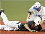  Clay freshman Chandler Cannon dives safely back to second base against Springfield's Scott Seymour after hitting a double to drive in a run and tie the game in the seventh inning.