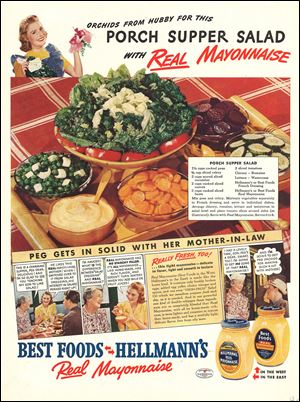 This undated image provided by Hellman's shows an undated advertisement for Hellmann's mayonnaise. Hellman's turns 100 in 2013 and to celebrate the anniversary, owner Unilever Food is launching a marketing campaign including a Facebook page and YouTube videos featuring chef Mario Batali cooking up his favorite Hellman's recipes, a smartphone app and a June event featuring the world's largest picnic table. (AP Photo/Hellman's)