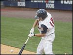  The Mud Hen's Jordan Lennerton connects for one of his two hits on the night.