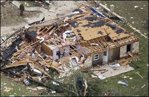 A heavily damaged home in Granbury, Texas is seen in an aerial view on Thursday.