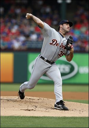 Detroit Tigers starting pitcher Justin Verlander (35) delivers to the Texas Rangers in the first inning of a baseball game, Thursday in Arlington, Texas.