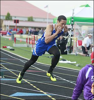 Findlay's Tyler Brown runs in the 400-meter race at the TRAC meet. Brown won the 200, 400, high jump, and long jump.