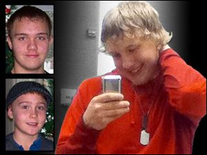 Michael Fay, 17, right, in a Twitter photo, was charged Friday with the double murder of Blake Romes, 17, top left, and Blaine Romes, 14. The three teenagers lived together in Ottawa, Ohio.