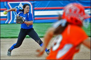 Springfield's Hannah Girlie throws to first base. She leads the Blue Devils with a .472 batting average and 46 RBIs.