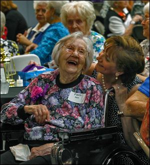 Bowling Green Manor resident Fern Sipe, 101, shares a laugh with Jackie Metz, volunteer coordinator for the Wood County Committee on Aging, at the 90 Plus Spectacular in Bowling Green.