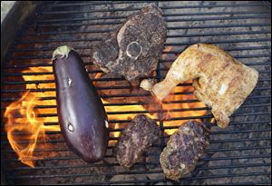 Eggplant, Chapli Kebab, Lamb Steaks with Szechuan Pepper Rub, and Bahamian Grilled Chicken.