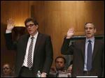  Ousted IRS Chief Steve Miller, left, and former IRS Commissioner Douglas Shulman are sworn in  on Capitol Hill in Washington prior to testifying before the Senate Finance Committee.