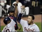  Detroit Tigers' Miguel Cabrera (24) is congratulated by Torii Hunter (48) after a two-run home run. 