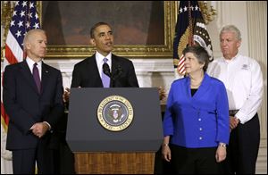 President Obama, accompanied by, from left, Vice President Joe Biden, Homeland Security Secretary Janet Napolitano and FEMA Deputy Administrator Richard Serino. talks about the Oklahoma tornado and severe weather.