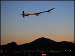 Solar Impulse, piloted by André Borschberg, takes flight during the second leg of the 2013 Across America mission, at dawn, today from Sky Harbor International Airport in Phoenix.