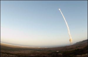 An image provided by Vandenberg Air Force Base shows an unarmed Minuteman III intercontinental ballistic missile being launched during an operational test today from Launch Facility-4 on Vandenberg AFB, Calif. 