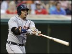  Detroit Tigers' Brayan Pena hits an RBI-double off Cleveland Indians starting pitcher Ubaldo Jimenez in the third inning of a baseball game on Wednesday, May 22, 2013, in Cleveland. Tigers' Jhonny Peralta scored. (AP Photo/Tony Dejak)