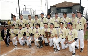 Perryburg baseball players celebrate after  defeating Norwalk.