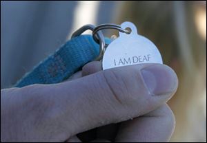 Angi Holt-Parks' dog Rudi  wears a special collar tag alerting others that she is deaf.