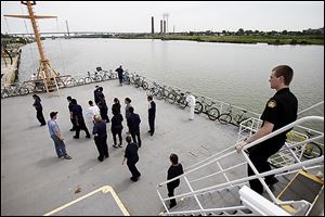 Marine Academy of Toledo cadets explore a deck during a tour of the State of Michigan, a training vessel for the Great Lakes Maritime Academy. The ship will return to Toledo next year. 