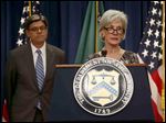  Treasury Secretary Jacob Lew, left, listens at left as Health and Human Services Secretary Kathleen Sebelius speaks about Social Security and Medicare, today, at the Treasury Department in Washington.