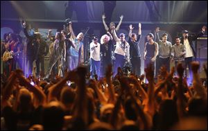 Artists who performed at the Boston Strong Concert take the stage during an Evening of Support and Celebration at the TD Garden on Thursday.