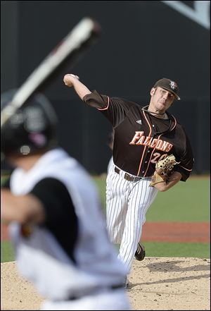 Bowling Green's Mike Frank gave up eight hits in five innings and battled through a 25-minute rain delay, but took the loss Friday.