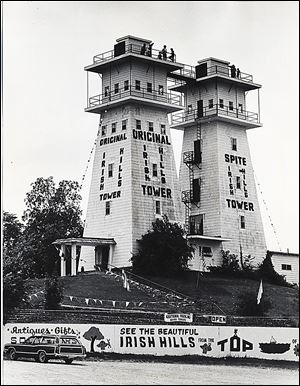 The Irish Hills Towers were famous for their origin; the second tower was built by a neighbor, Edward Kelly, who opposed the first one.