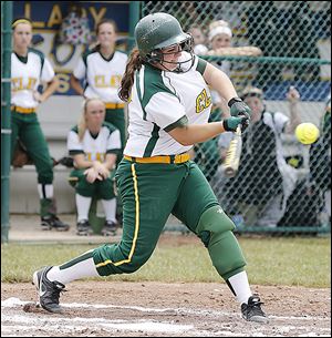 Clay's Emily Novak gets a hit against  Elyria in the Division I regional final. The Eagles finish with a  26-4 record..