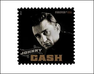 This product image released by the Unites States Postal Serice shows the Johnny Cash Forever stamp.  The stamp, honoring the late country music singer, will be available on Wednesday, June 5.
