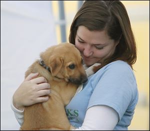 Corinne Whewell of Maumee, a Metroparks of the Toledo Area employee, holds a shepherd mix puppy available for adoption during the 10th annual MetroBarks festival at Swan Creek Preserve.