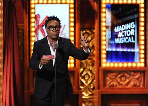 Billy Porter accepts his award for best actor in a musical in ‘Kinky Boots,’ clearly the big winner at the annual awards show celebrating theater.