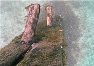 In this October 2012 image from video provided by David J. Ruck, timbers protrude from the bottom of Lake Michigan that were discovered by Steve Libert, head of Great Lakes Exploration Group, in 2001.