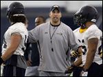  University of Toledo football head coach Matt Campbell leads the Rockets' spring practice in the Fetterman Training Center.