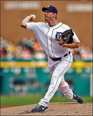 Detroit Tigers pitcher Max Scherzer throws against the Baltimore Orioles in the first inning of a baseball game in Detroit.
