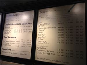 A menu board showing calorie counts hangs at a Starbucks in New York on Monday.