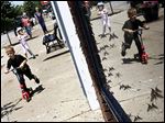  Mayflies accumulate on a downtown Port Clinton shop window where Logan Schiets, 5, of Oak Harbor, Ohio, rides his scooter. For most residents, the insects are a real nuisance.