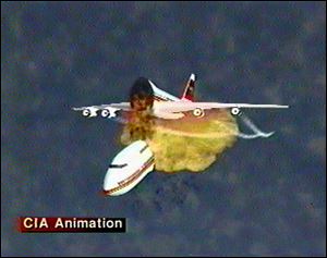 This 1997 file image provided by the Central Intelligence Agency shows an animation of the disintegration of Paris-bound TWA Flight 800 as it explodes off the coast of Long Island on July 17, 1996. The video was used to explain eyewitness accounts of the explosion.