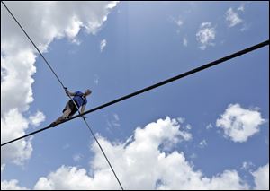 High wire performer Nik Wallenda walks across a wire as he practices Sarasota, Fla., Tuesday.