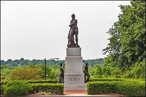 The statue of Oliver Hazard Perry at the entrance to Hood Park in Perrysburg may be moved to afford a better view of the Maumee River.