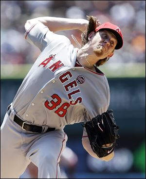 Los Angeles Angels pitcher Jered Weaver throws against the Detroit Tigers in the first inning of a baseball game in Detroit today.