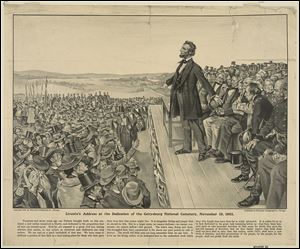 A lithograph shows President Abraham Lincoln speaking at the dedication of the national cemetery at Gettysburg in November, 1863. During that speech, known as the Gettysburg Address, he dedicated the nation to a ‘new birth of freedom.’