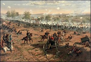 A painting by Thure de Thulstrup titled ‘Hancock at Gettysburg’ shows  Gen.Winfield Scott Hancock leading his troops on Cemetery Ridge during Pickett’s Charge.