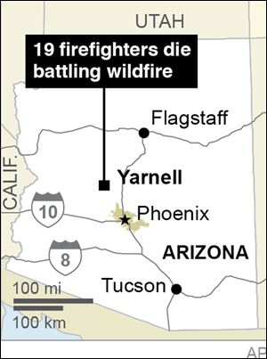 This graphic shows the location of Yarnell, Ariz., where 19 firefighters died battling a wildfire.