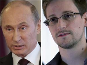 Russia's President Vladimir Putin, left, says that National Security Agency contractor Edward Snowden, right, will have to stop leaking U.S. secrets if he wants to get asylum in Russia.