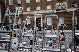 Laddars pile up as journalists prepare at the entrance to the Lindo Wing at St Mary's Hospital in London, today, as the media prepare for royal-mania as Britain's Duchess of Cambridge plans to give birth to the new third-in-line to the throne in mid-July.