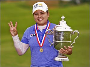 Inbee Park, of South Korea celebrates her victory at the U.S. Women's Open at the Sebonack Golf Club in Southampton, N.Y. Park has won the first three major tournaments this year.