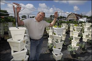 Pastor Julian Davies stands among the vertical veggie plants at the University Methodist Church in Toledo, Ohio.