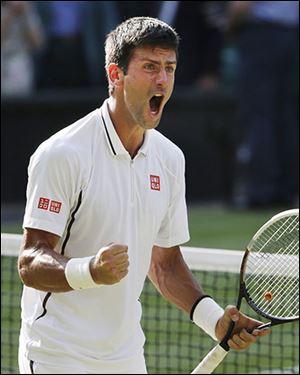 Novak Djokovic reacts after defeating Juan Martin Del Potro in their semifinal match on Friday at Wimbledon.
